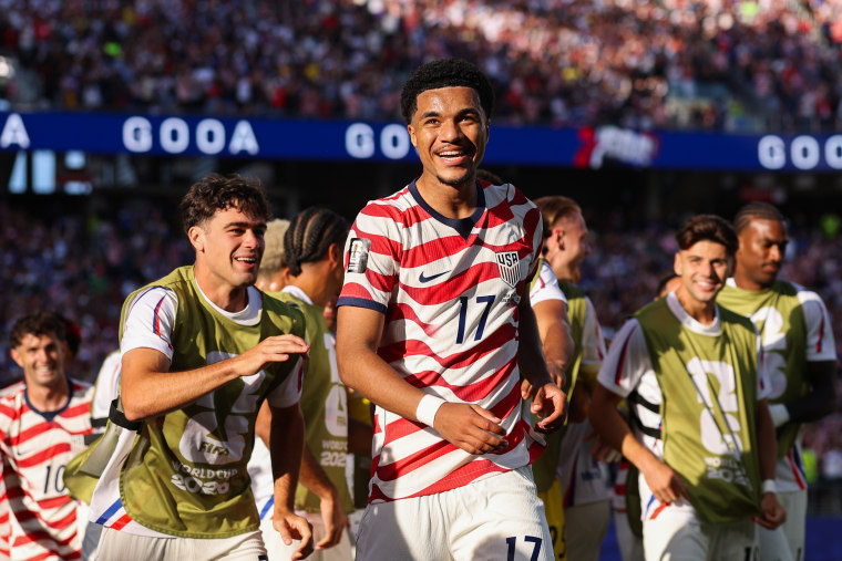 Malik Tillman #17 of the United States celebrates with team mates after scoring his team's second goal  during the USA v Bosnia and Herzegovina match.