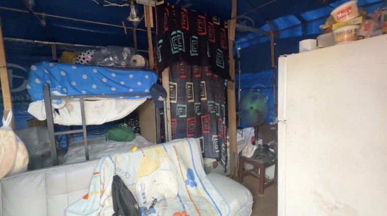 The interior of one of the donated tents in the Brisas de Maiquetía housing complex.