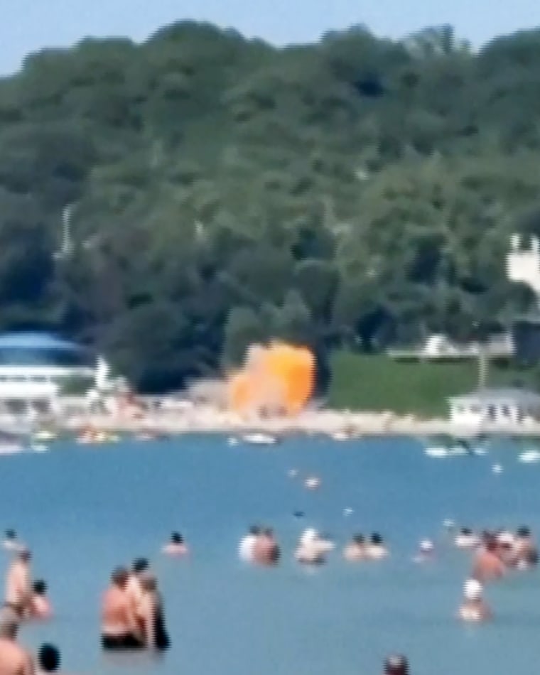 A screen grab of a drone explosion on a beach at the holiday village of Arkhipo-Osipovka, Gelendzhik resort area, in Russia on Monday.